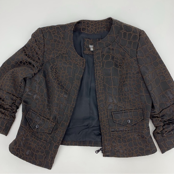anthracite Brown Scale Print Zipper Closure 3/4 Ruched Sleeve Blazer, 10 - Picture 11 of 16